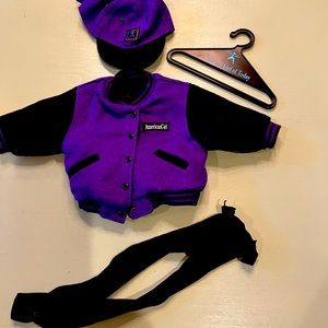 American Girl Today Varsity Jacket, Cap, black tights and hanger